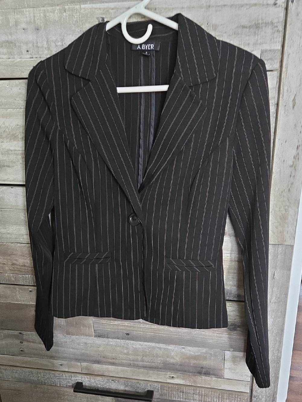 A. Byer Black Pinstripe Blazer with White Stripes